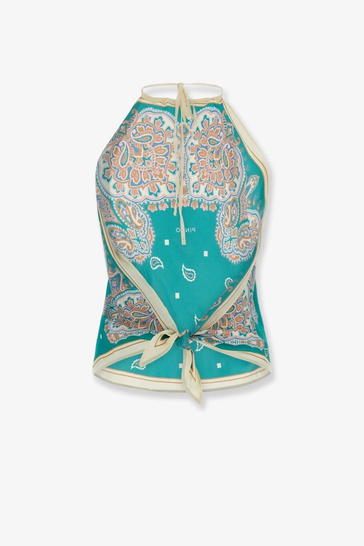 Pinko women’s synchro top in viscose and silk blend with teal and cream paisley halter design and tied waistband