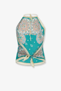Pinko women’s synchro top in viscose and silk blend with teal and cream paisley halter design and tied waistband