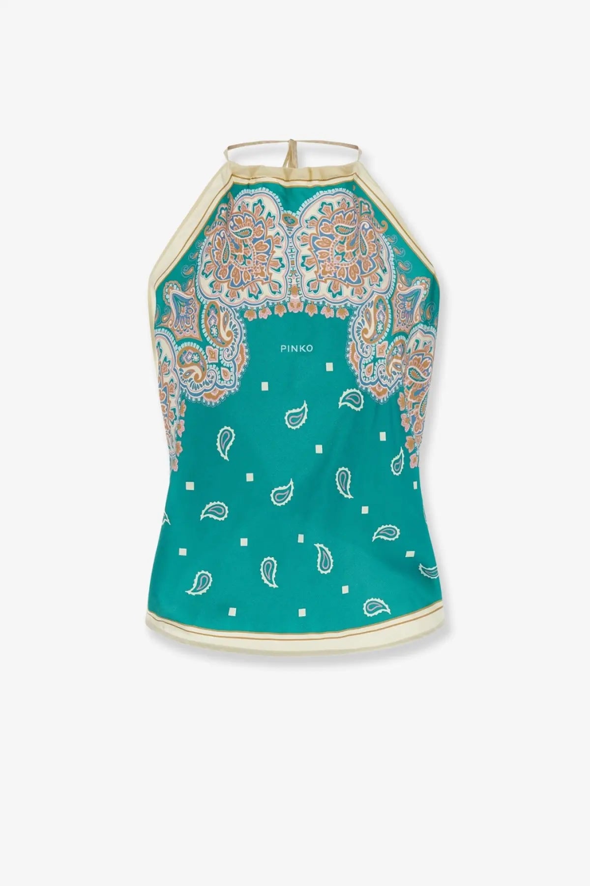 Pinko womens teal halter top in viscose and silk blend with cream paisley pattern and matching trim