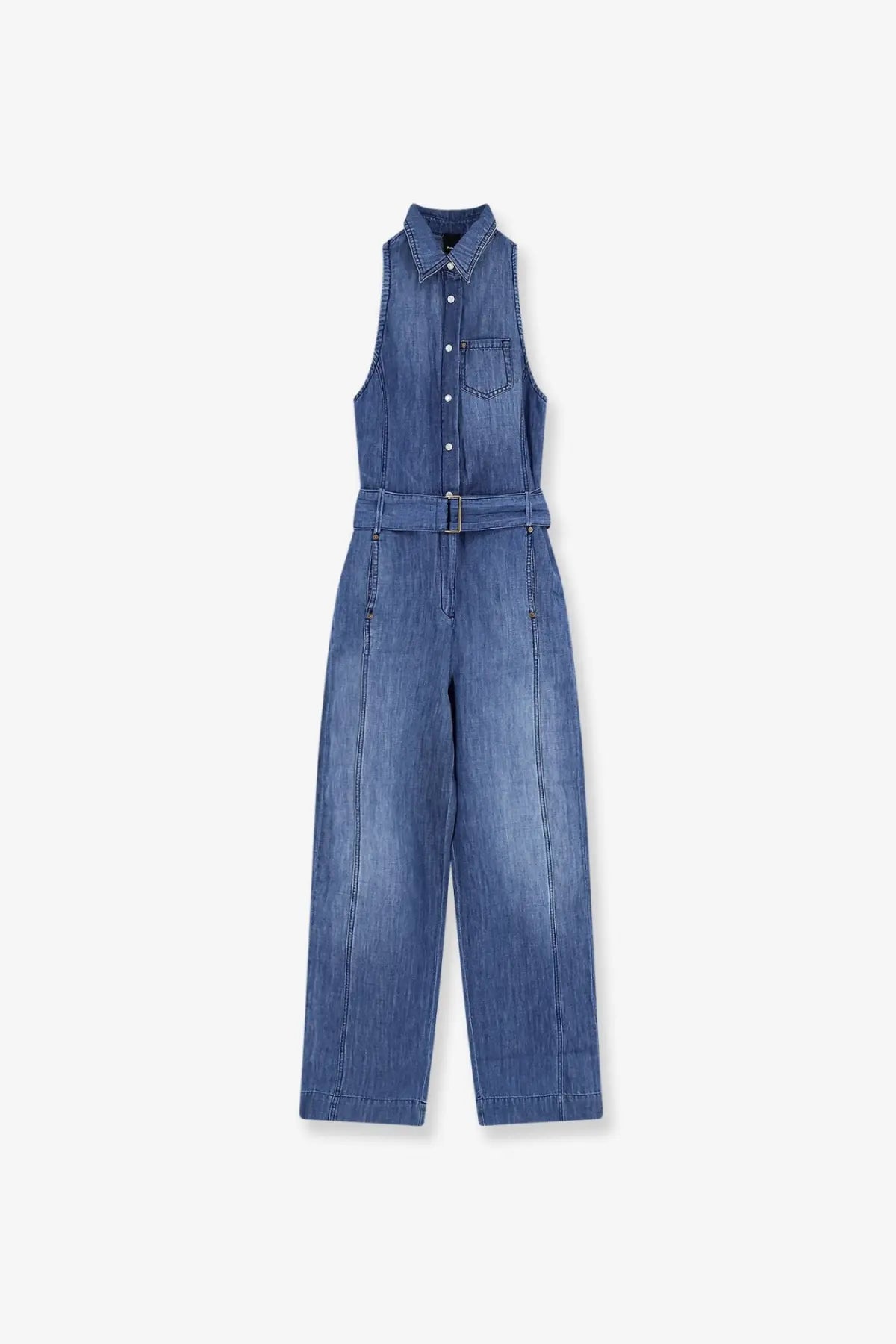 Pinko women’s visione light denim jumpsuit in blue with sleeveless design button-up collar and matching belt