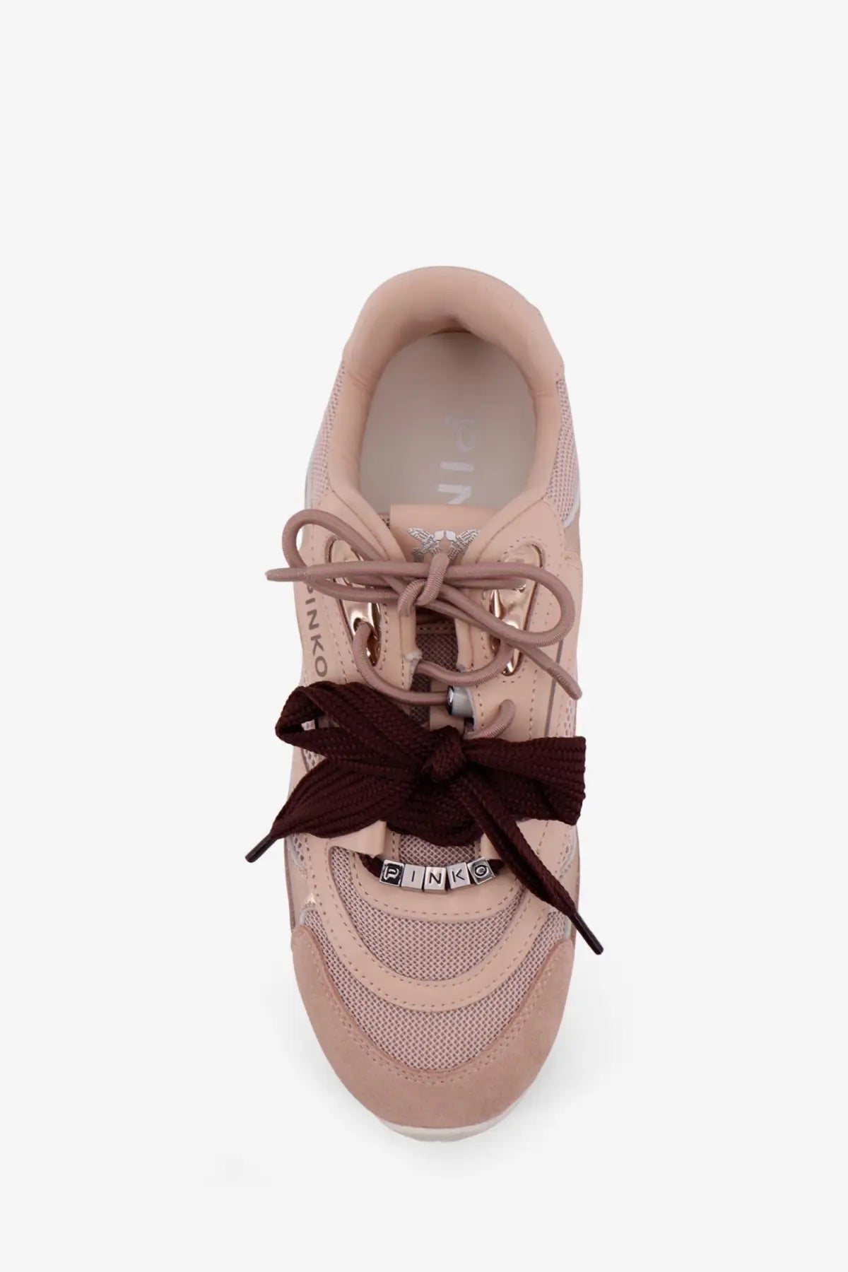Pinko womens yulia mesh sneakers in blush pink with mesh and suede details and dark brown laces tied into a bow