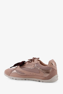 Pinko women’s yulia mesh sneakers in blush pink with metallic mesh panels and dark burgundy lace bow detailing
