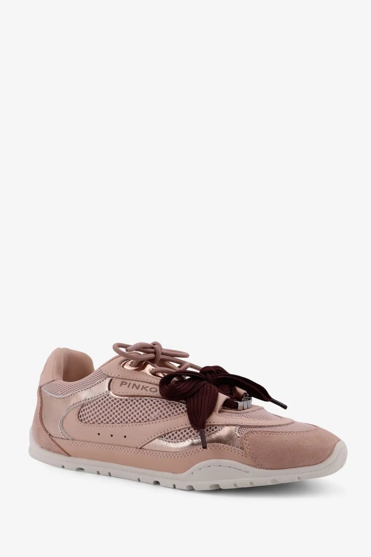 Pinko womens Yulia mesh sneaker in pink metallic mesh and suede with dark burgundy laces