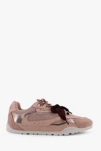Pinko women’s Yulia mesh sneakers in blush pink with metallic rose gold accents and a dark brown bow detail