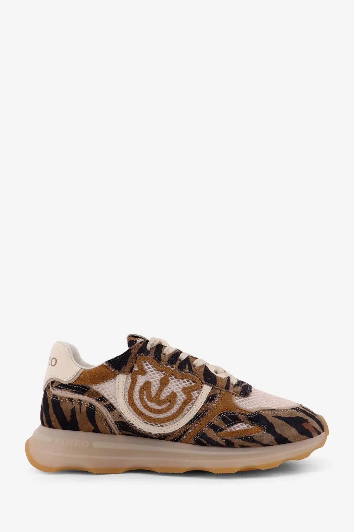 Pinko womens Zoe suede sneakers beige with tiger print beige mesh upper and brown black zebra striped overlays