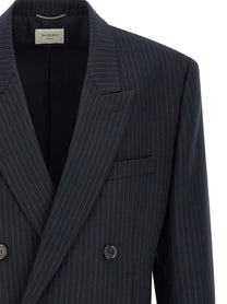 Saint Laurent Pinstriped Double Breasted Blazer Blue