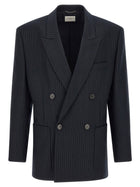 Saint Laurent Pinstriped Double Breasted Blazer Blue