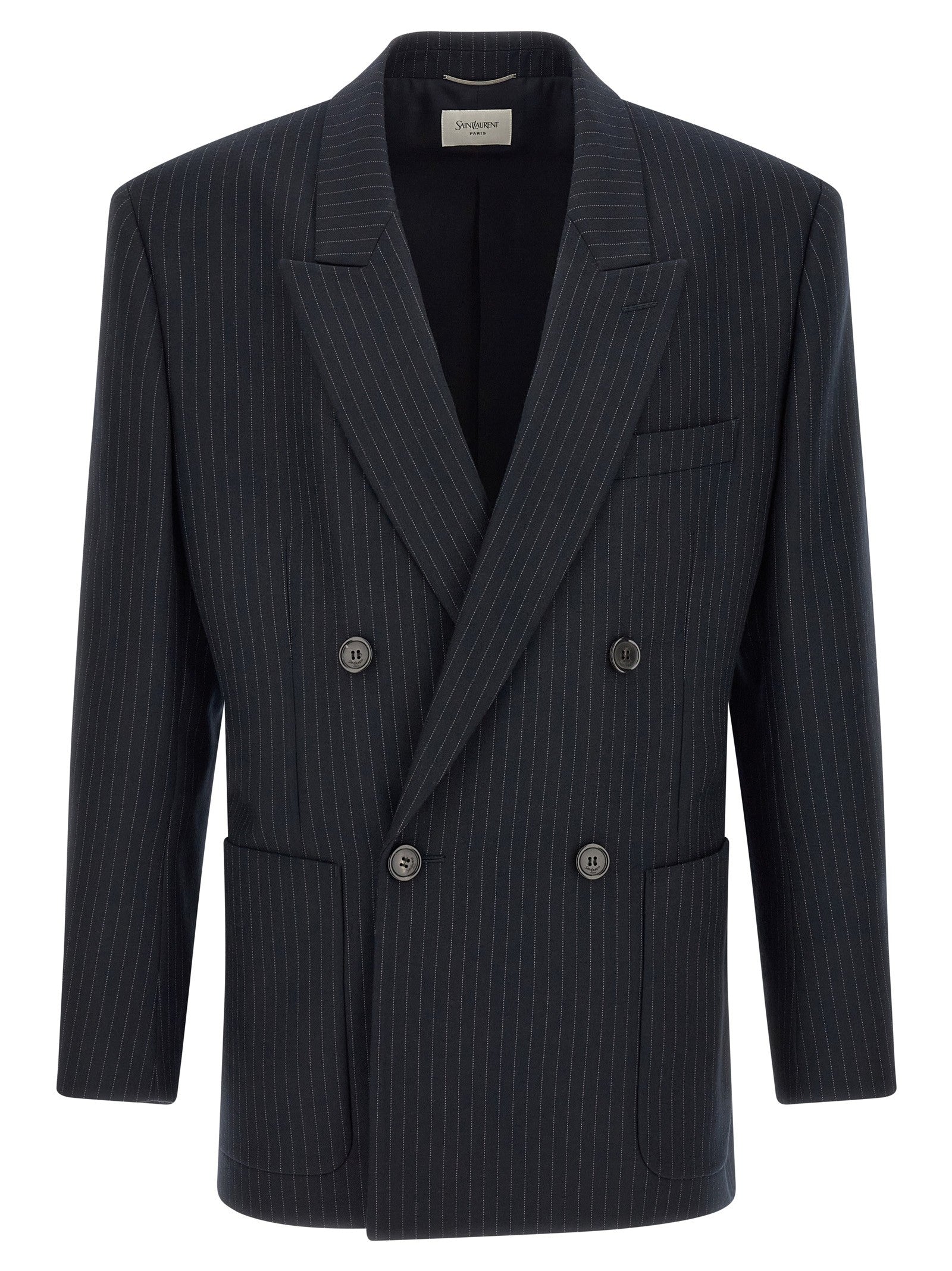 Saint Laurent Pinstriped Double Breasted Blazer Blue