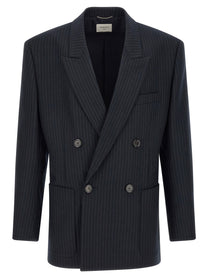 Saint Laurent Pinstriped Double Breasted Blazer Blue