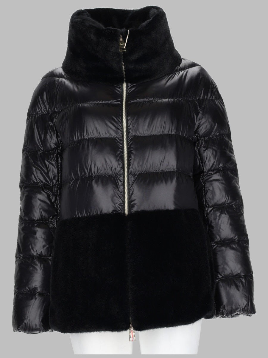 Herno Women's Piumino Trapuntato Con Inserti in Eco Pelliccia Black