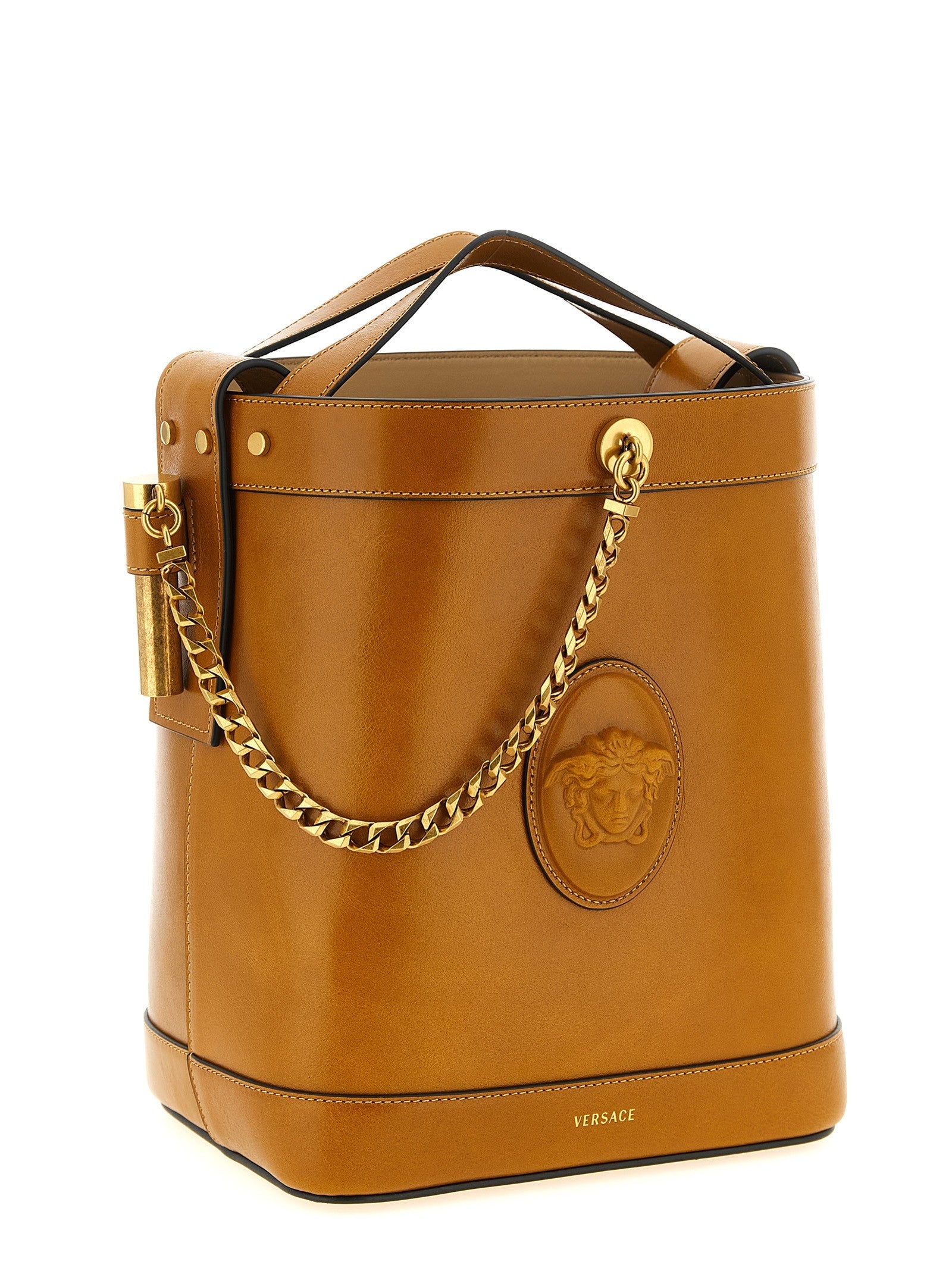 Versace Pivot Small Bucket Bag Brown