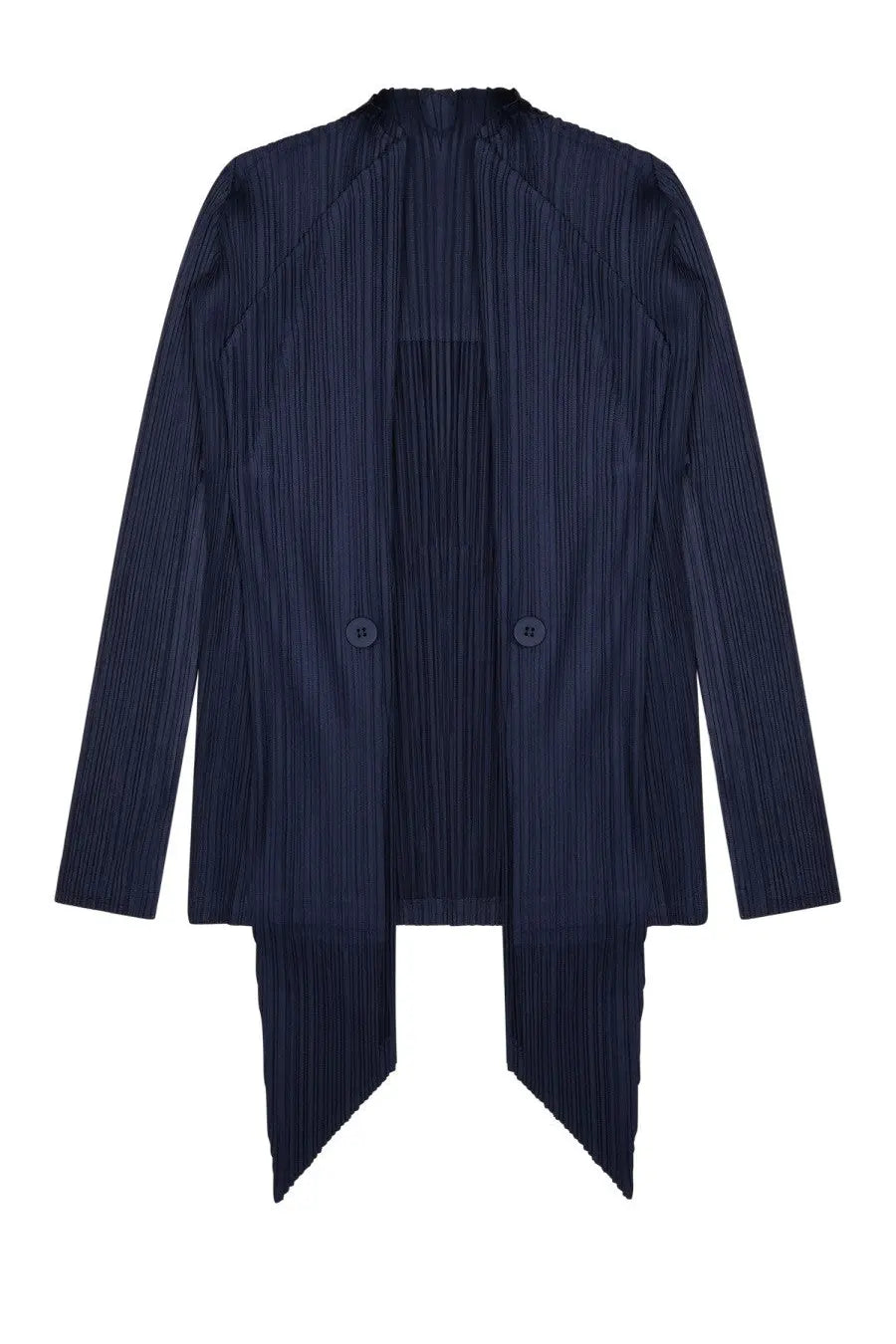 Dark navy pleated blazer with structured asymmetrical hem and two front buttons from pleats please issey miyake