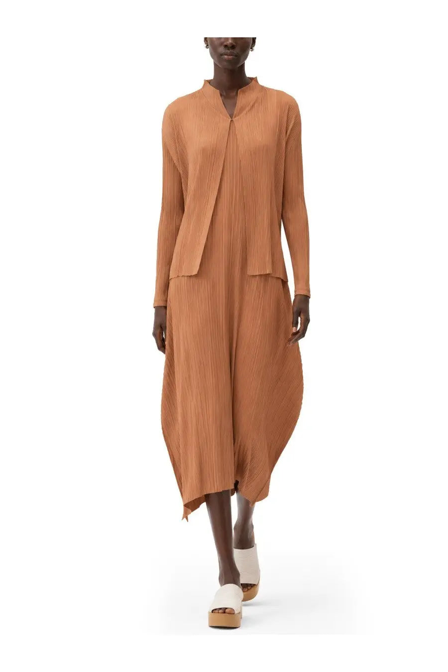 Pleats please issey miyake women’s cardigan plissettato brown flowing rust-colored pleated dress with high neckline and asymmetrical hemline