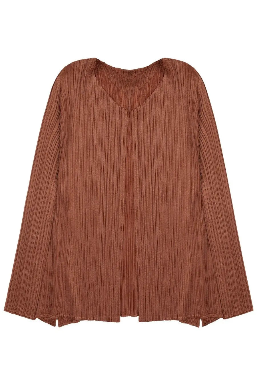 Pleats please issey miyake womens rust-colored pleated blouse with flowing long sleeves and soft draped silhouette