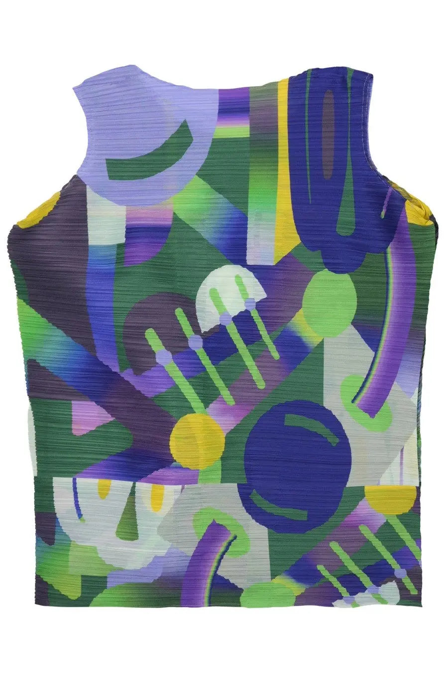 Pleats please issey miyake women’s dress purple sleeveless with bold abstract pattern in purple green yellow and blue