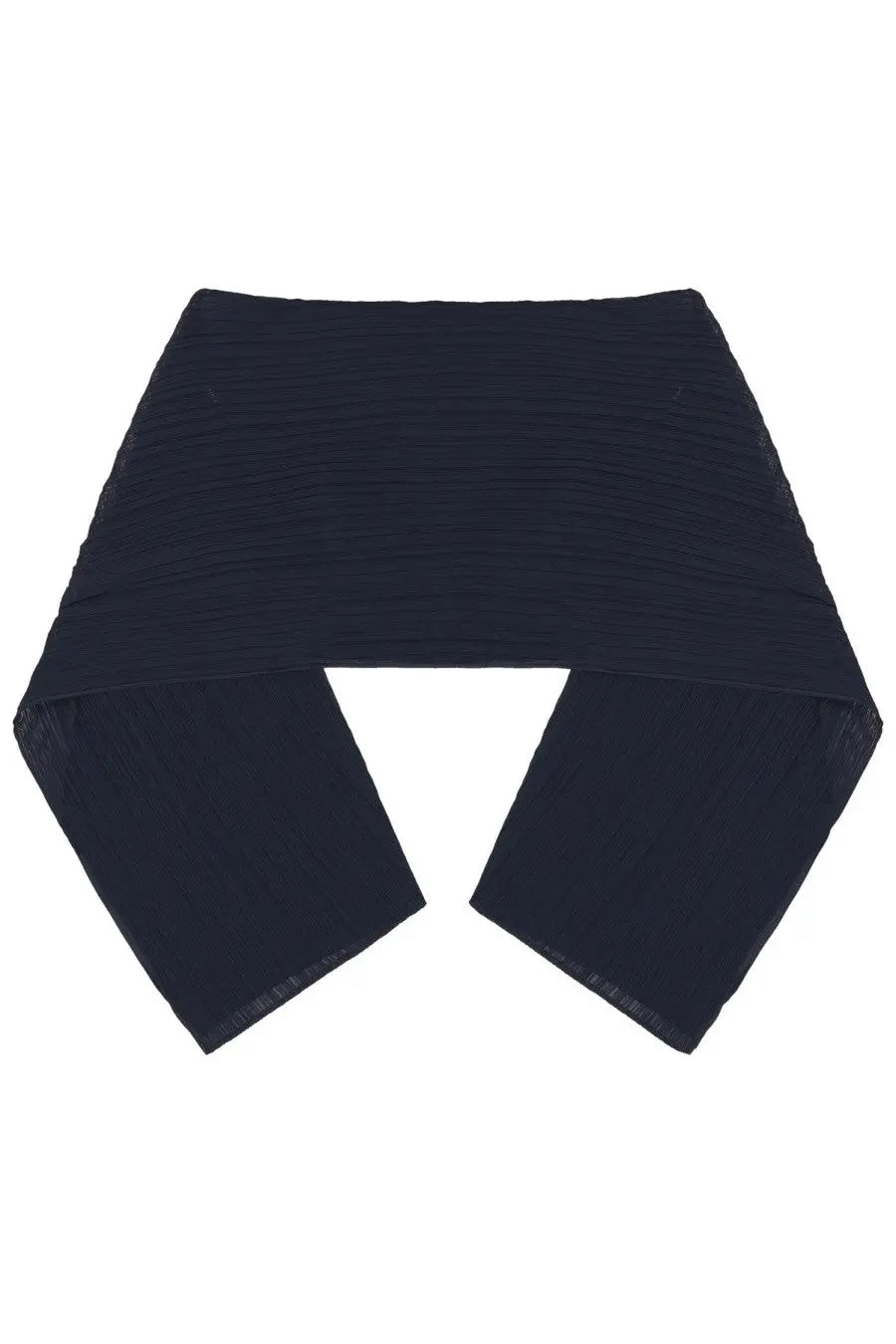 Pleats Please Issey Miyake women’s Madame June stole in navy blue pleated fabric with soft texture and finished edges