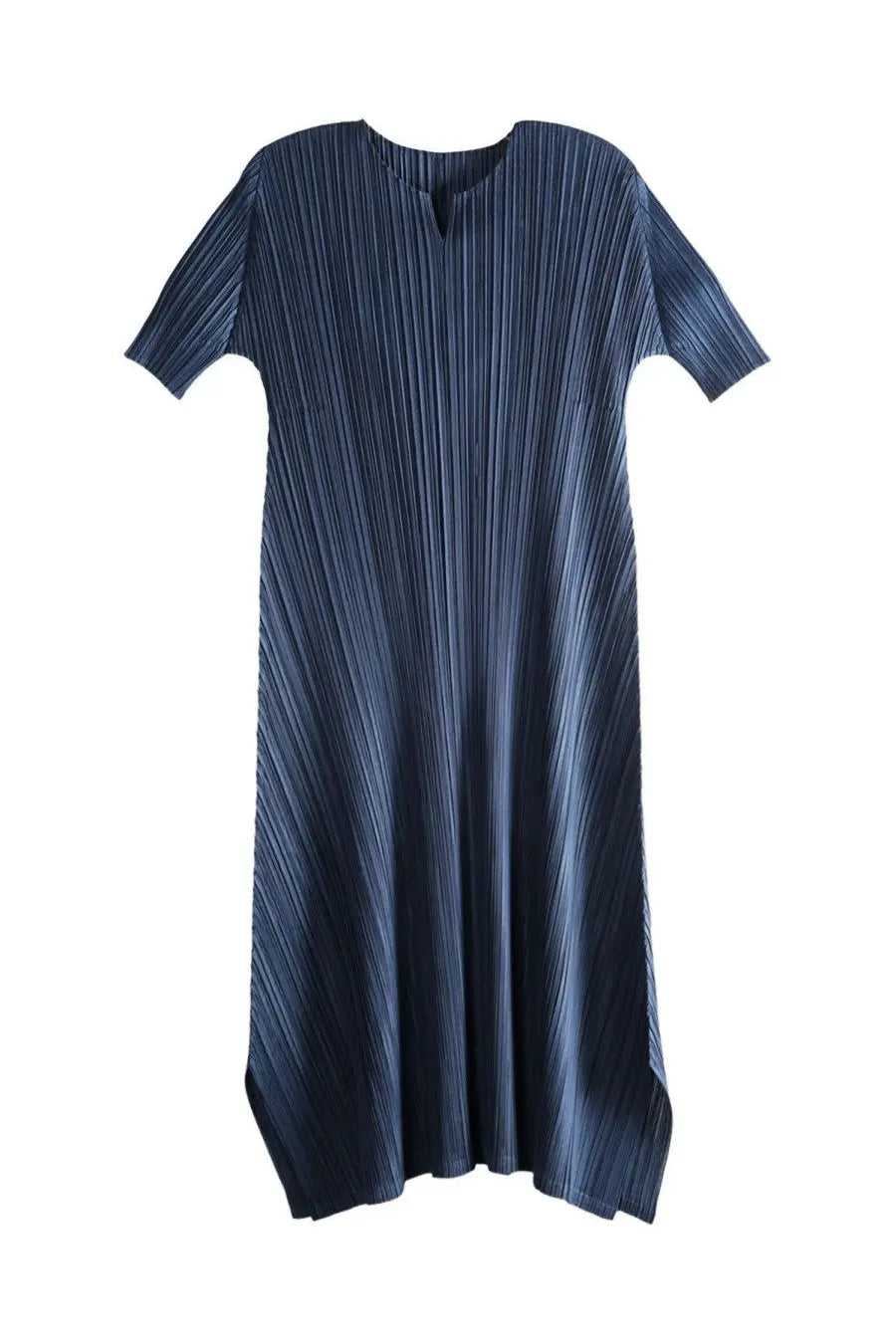 Pleats please issey miyake women’s mellow pleats midi dress in navy blue with short sleeves and v-neckline