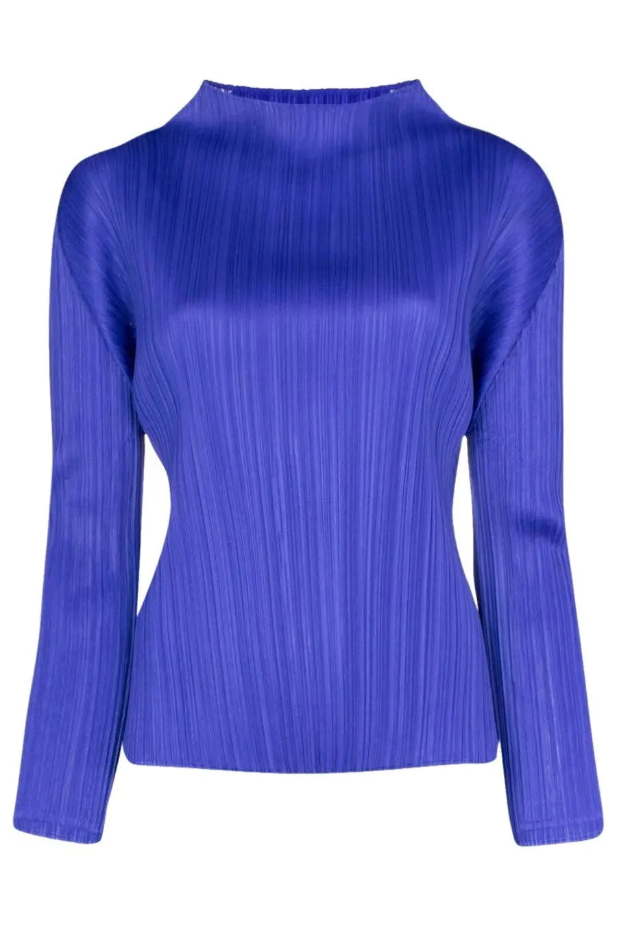Vibrant royal blue pleated long-sleeve top with high neckline and ribbed fabric from Pleats Please Issey Miyake women