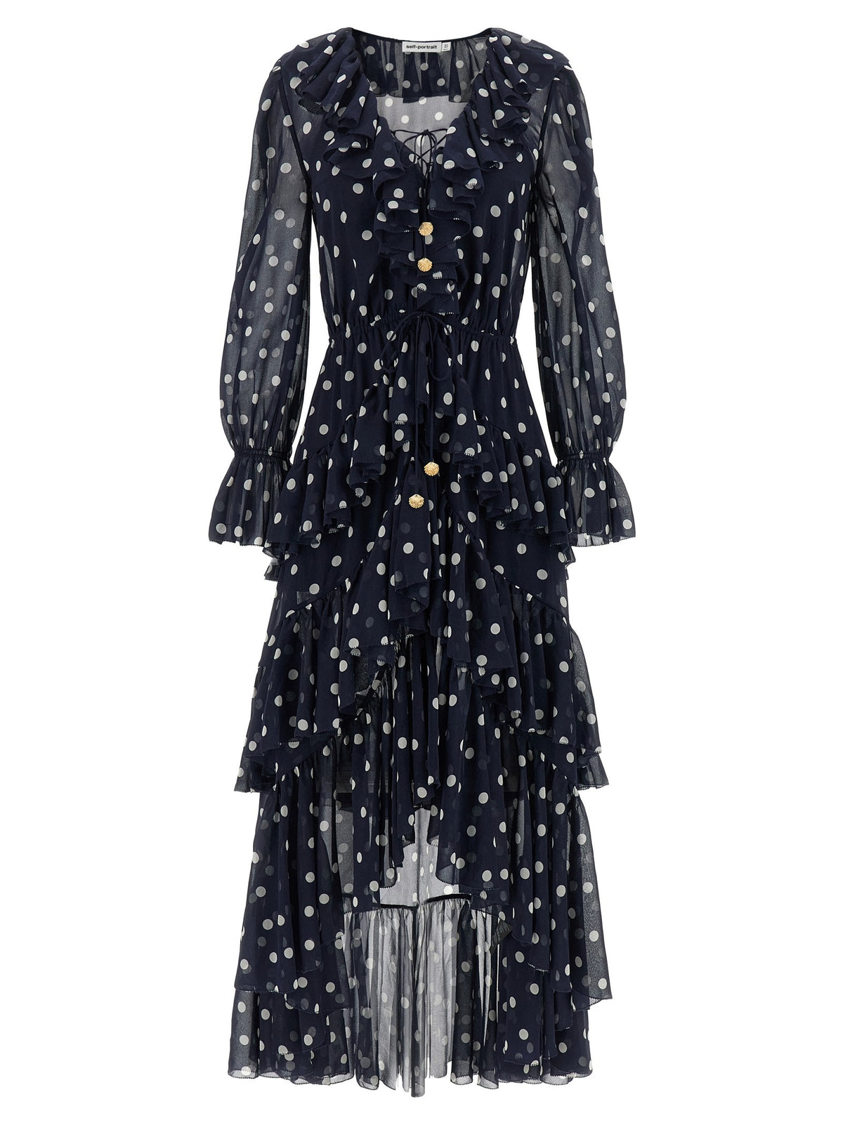 self-portrait Polka Dot Georgette Ruffle Maxi Dress Blue