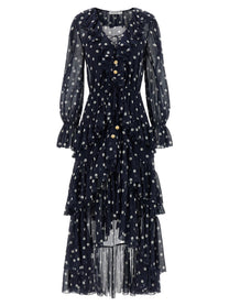 self-portrait Polka Dot Georgette Ruffle Maxi Dress Blue