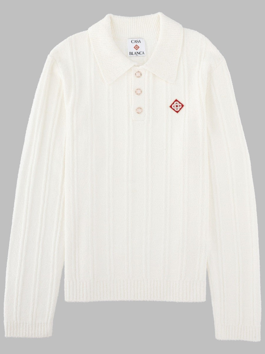 Casablanca Men's Polo Manica Lunga in Bouclé White
