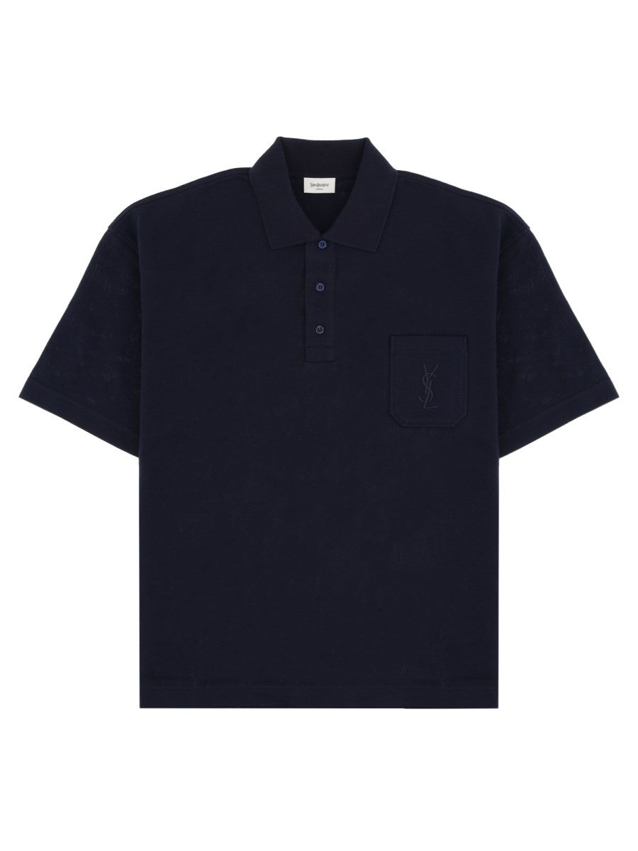 Saint Laurent Men's Piqué Cotton Polo Cassandre Blue