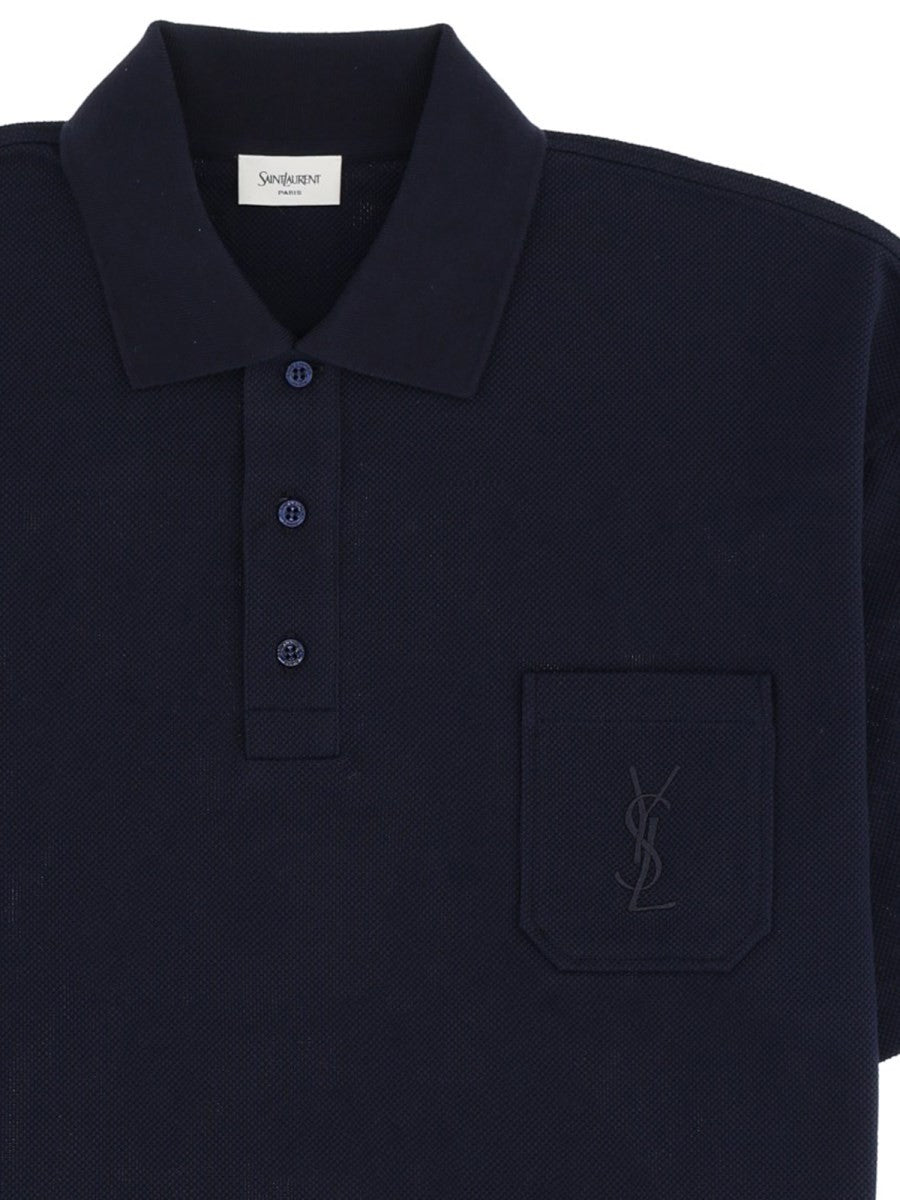 Saint Laurent Men's Piqué Cotton Polo Cassandre Blue, view 3