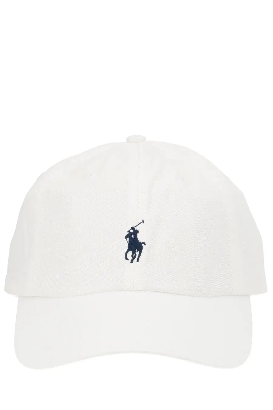 White Polo Ralph Lauren men’s baseball hat with navy blue embroidered polo player logo on the front