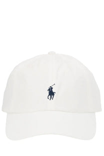 White Polo Ralph Lauren men’s baseball hat with navy blue embroidered polo player logo on the front
