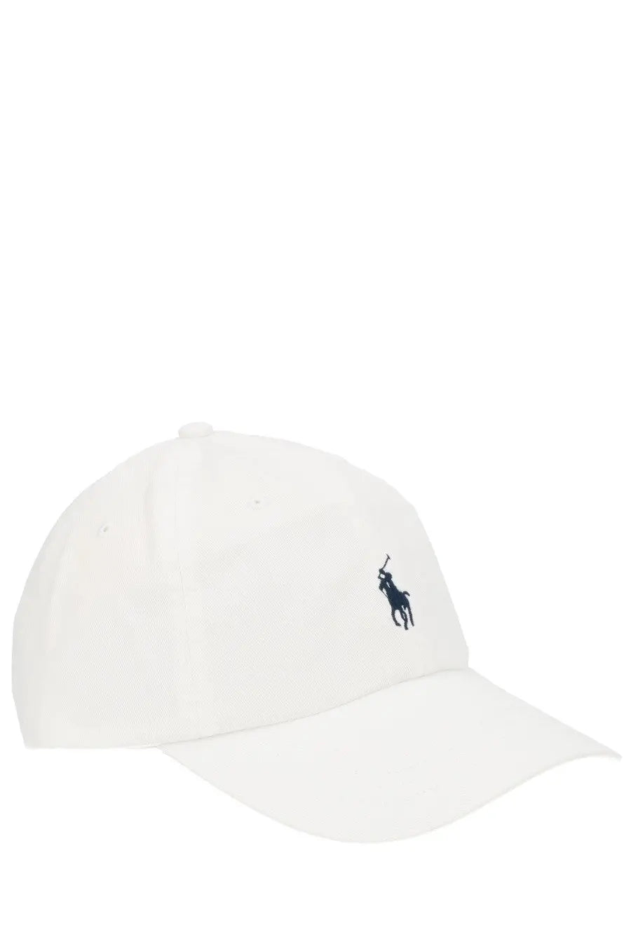 Polo Ralph Lauren men’s white baseball hat with navy blue embroidered polo player logo front view