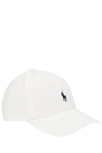 Polo Ralph Lauren men’s white baseball hat with navy blue embroidered polo player logo front view
