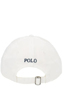 White Polo Ralph Lauren men’s baseball hat with navy blue embroidered logo and silver metal buckle on back