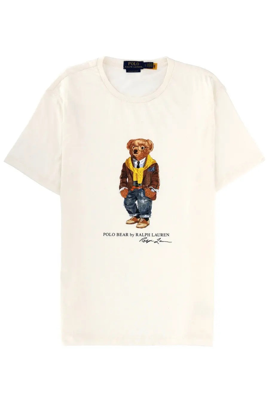 Cream-colored cotton polo ralph lauren men’s t-shirt with detailed polo bear in brown suit yellow scarf and blue jeans