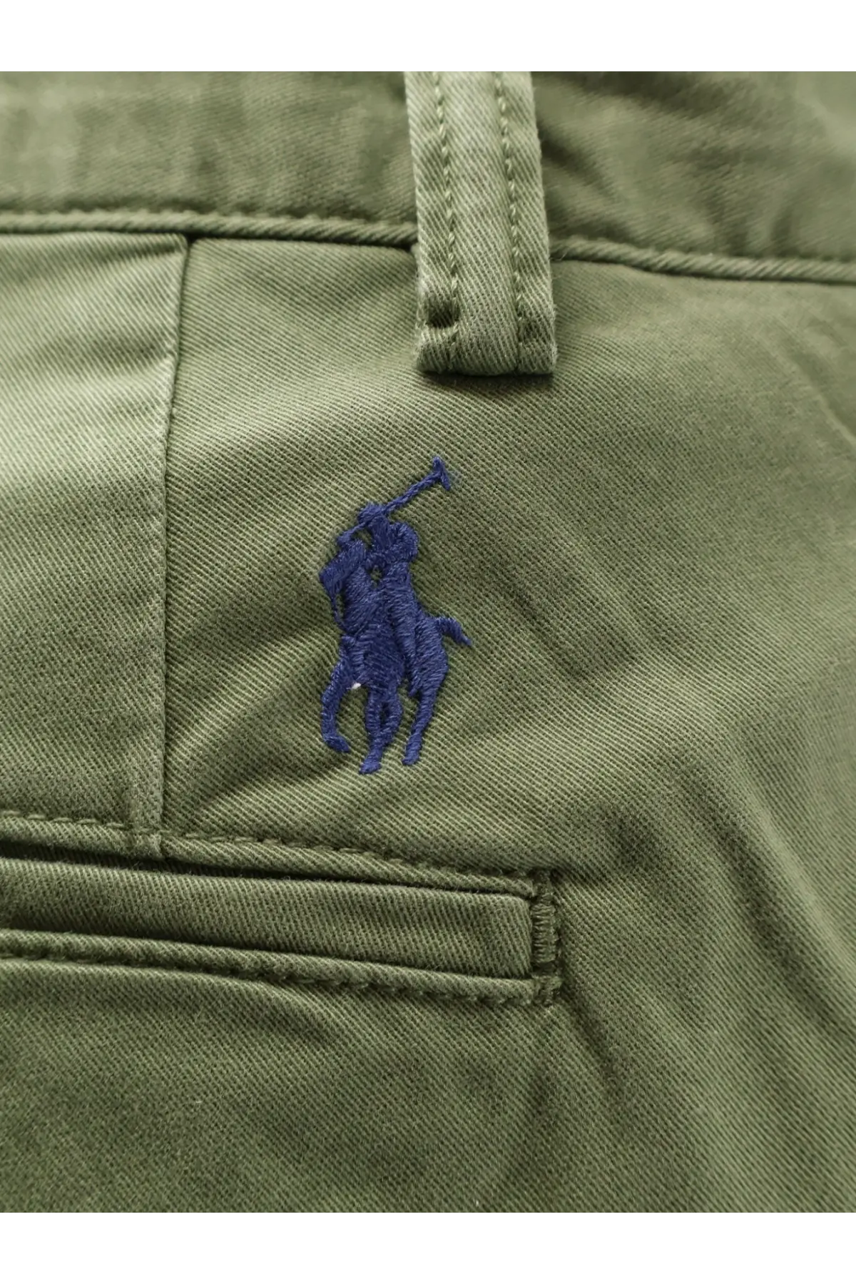 Olive green cotton chino bermuda shorts with navy blue embroidered polo ralph lauren logo on front pocket