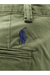 Olive green cotton chino bermuda shorts with navy blue embroidered polo ralph lauren logo on front pocket