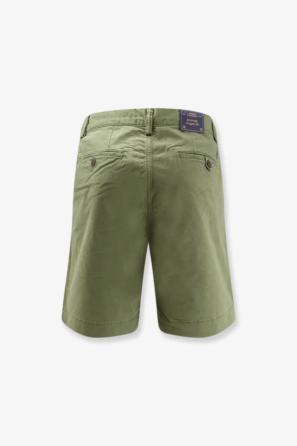 Olive green polo ralph lauren men’s bedford stretch cotton chino bermuda shorts with dark blue waistband label