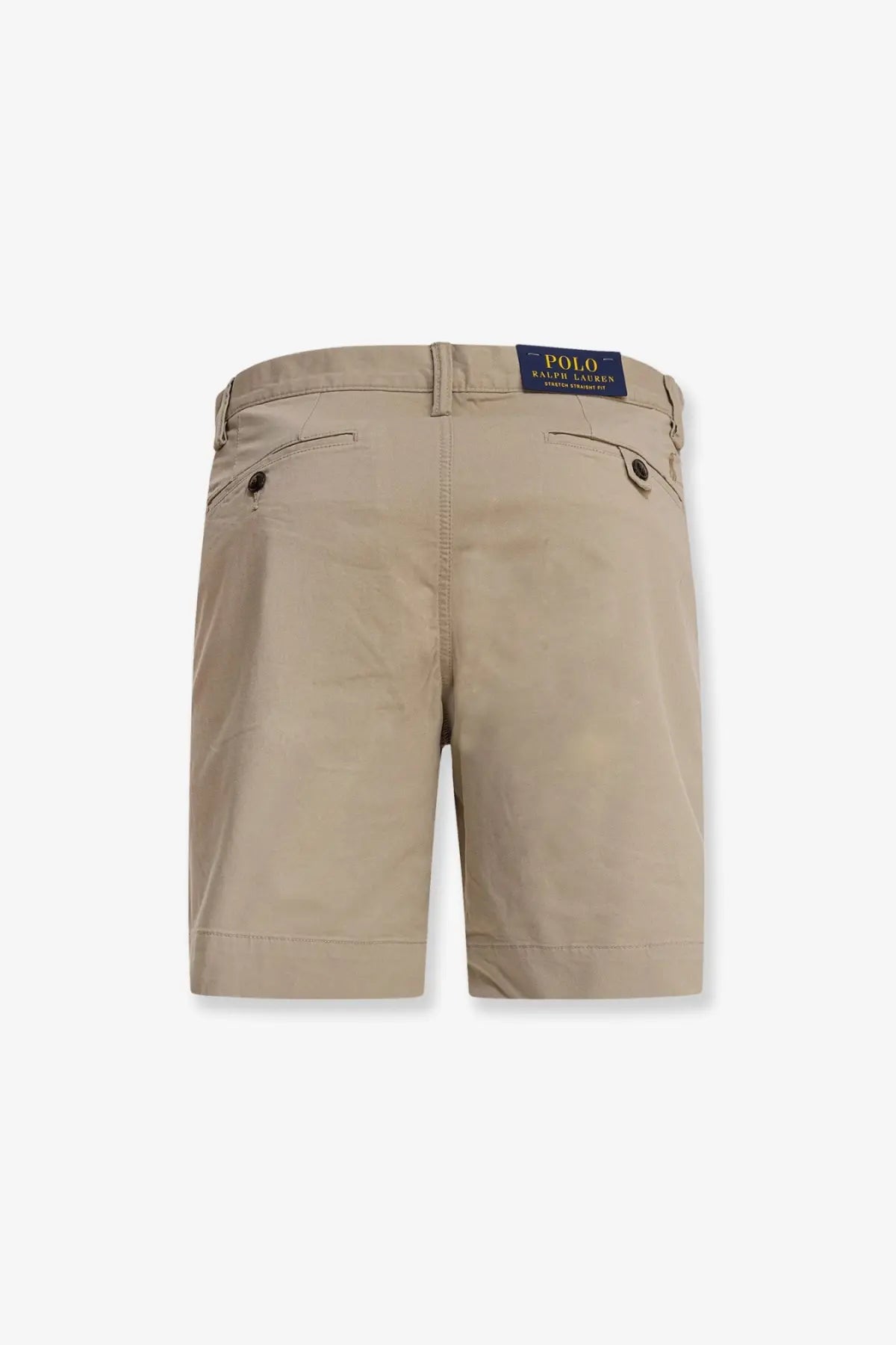 Beige polo ralph lauren men’s bedford stretch cotton chino shorts classic fit with buttoned back pockets back view