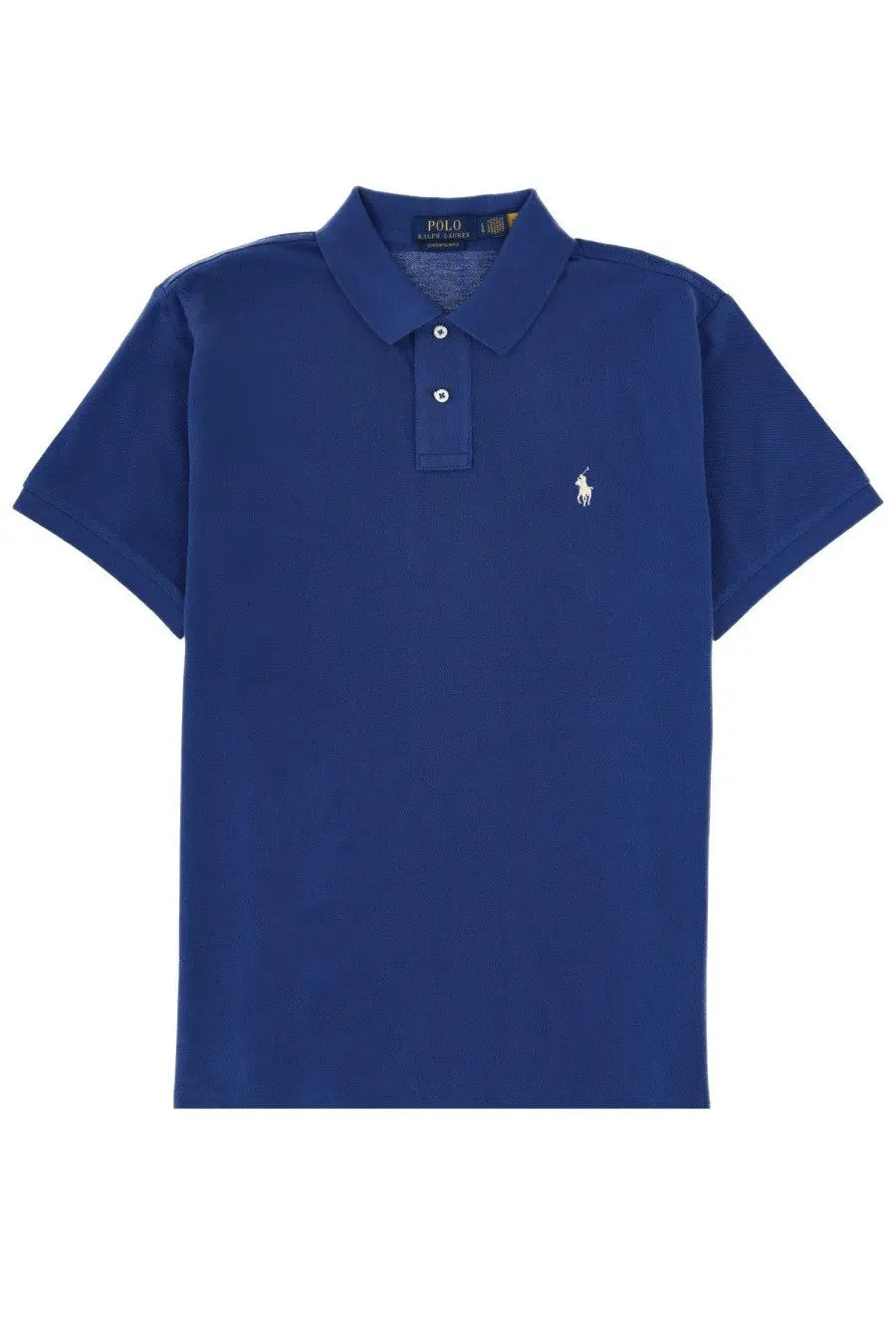 Royal blue Polo Ralph Lauren men’s polo shirt with white embroidered horse and rider logo on left chest and two-button placket