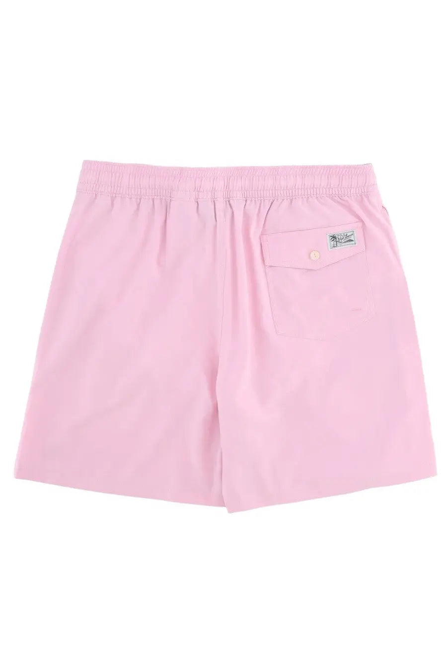 Back view of polo ralph lauren men’s pink swim trunks with elastic waistband and single buttoned pocket