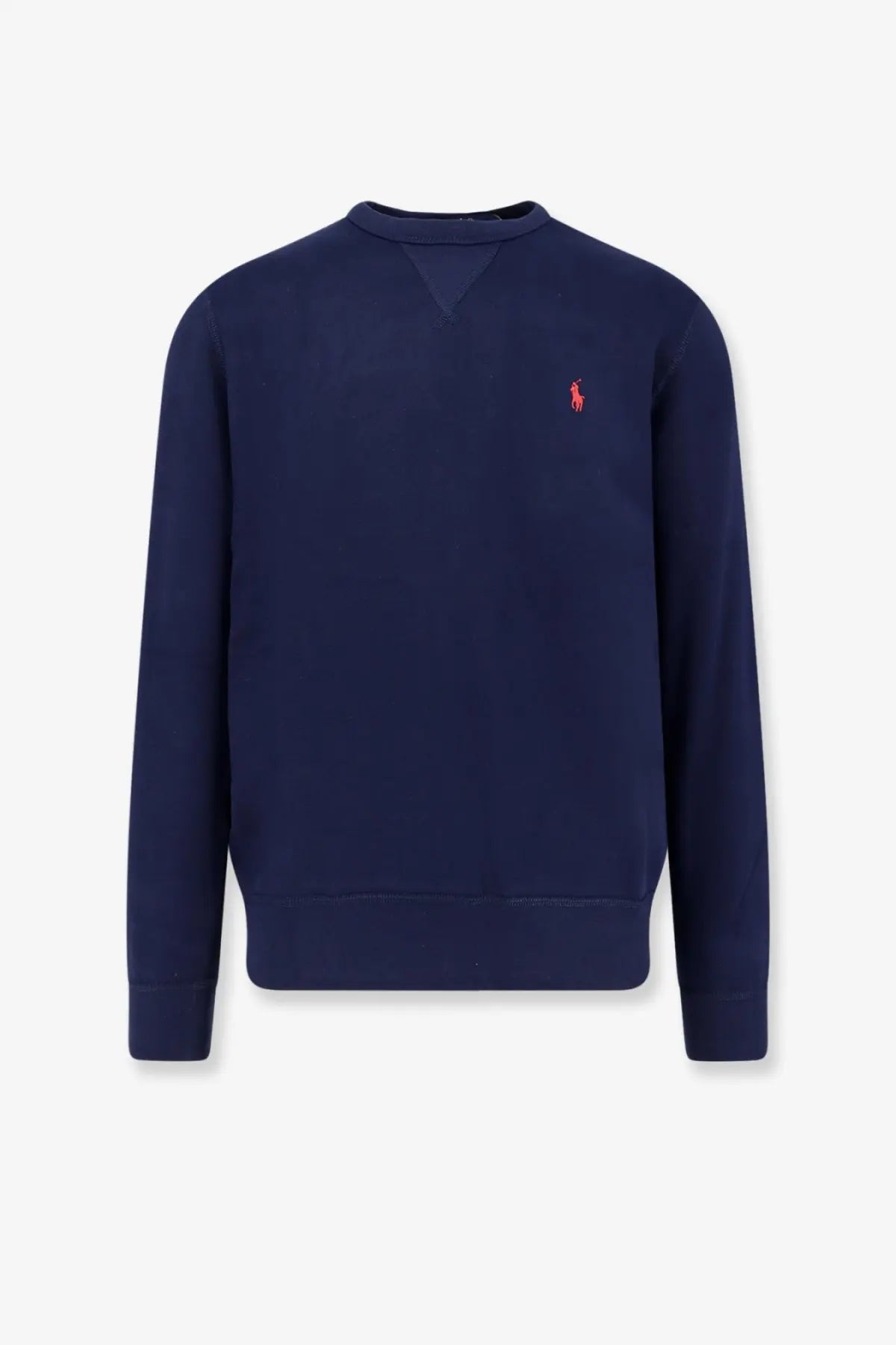 Navy blue polo ralph lauren men’s cotton blend crewneck sweatshirt with red embroidered polo player logo on left chest