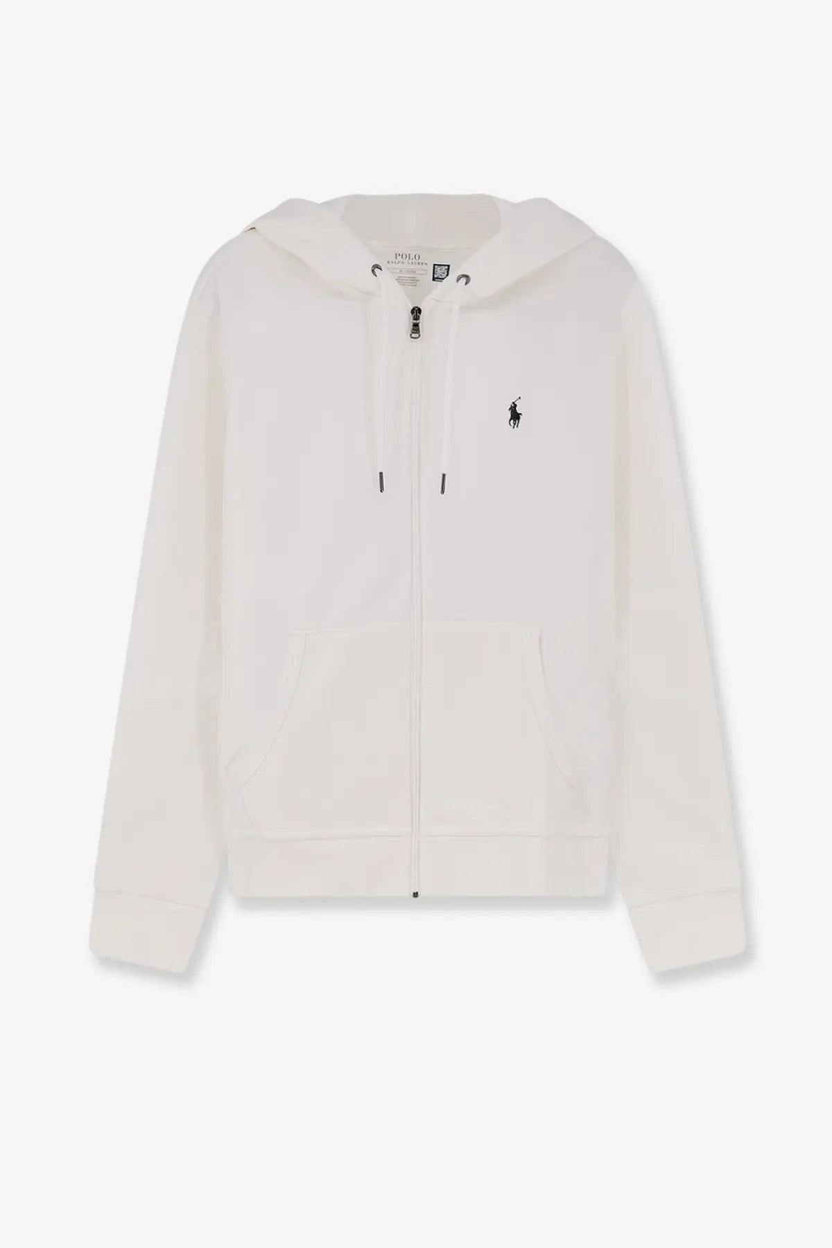 Cream-colored Polo Ralph Lauren men’s cotton blend zip-up hoodie with black embroidered polo logo and matching drawstrings