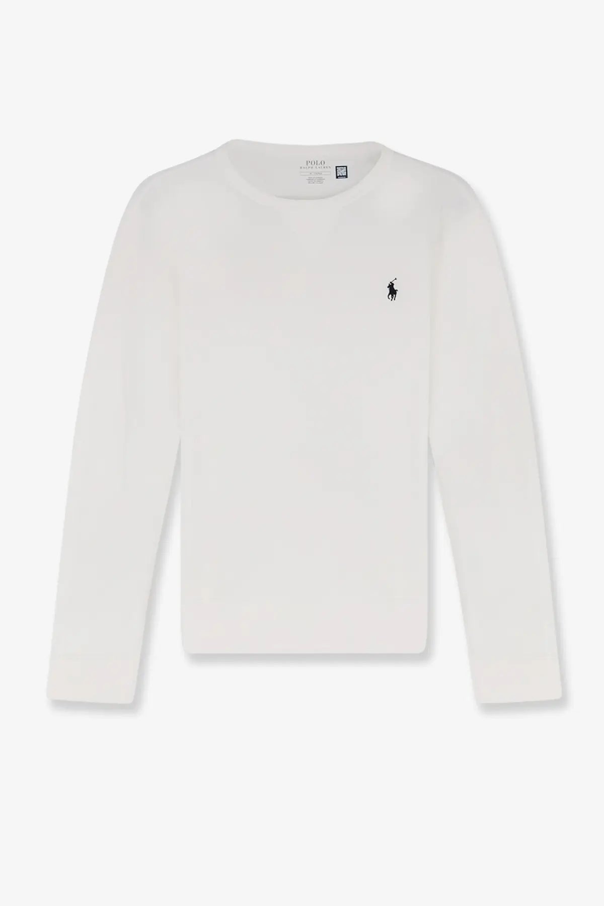 White cotton blend crew neck sweatshirt with long sleeves and small black embroidered Polo Ralph Lauren logo on chest