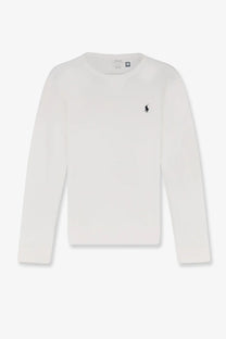 White cotton blend crew neck sweatshirt with long sleeves and small black embroidered Polo Ralph Lauren logo on chest