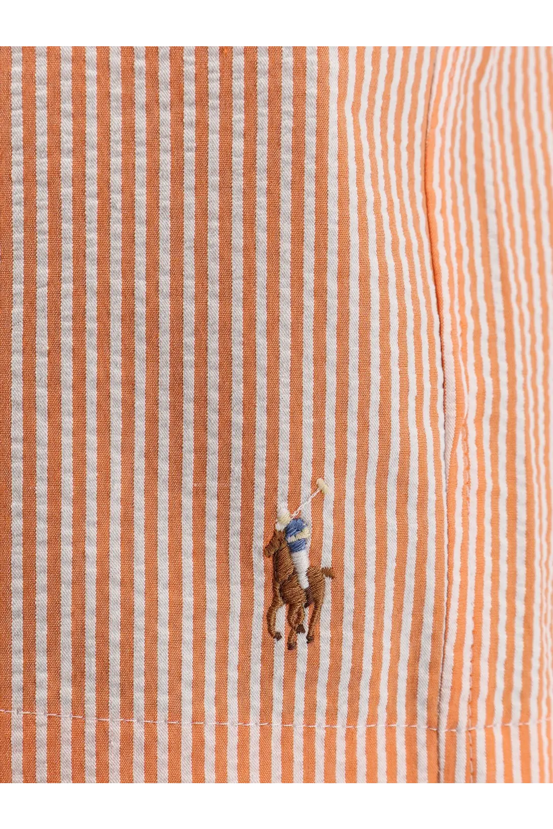 Orange and white striped cotton shirt with embroidered polo player logo from Polo Ralph Lauren men’s swim boxer shorts white