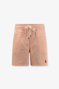 Polo Ralph Lauren men’s cotton blend swim boxer shorts in white with peach white stripes elastic waistband and logo