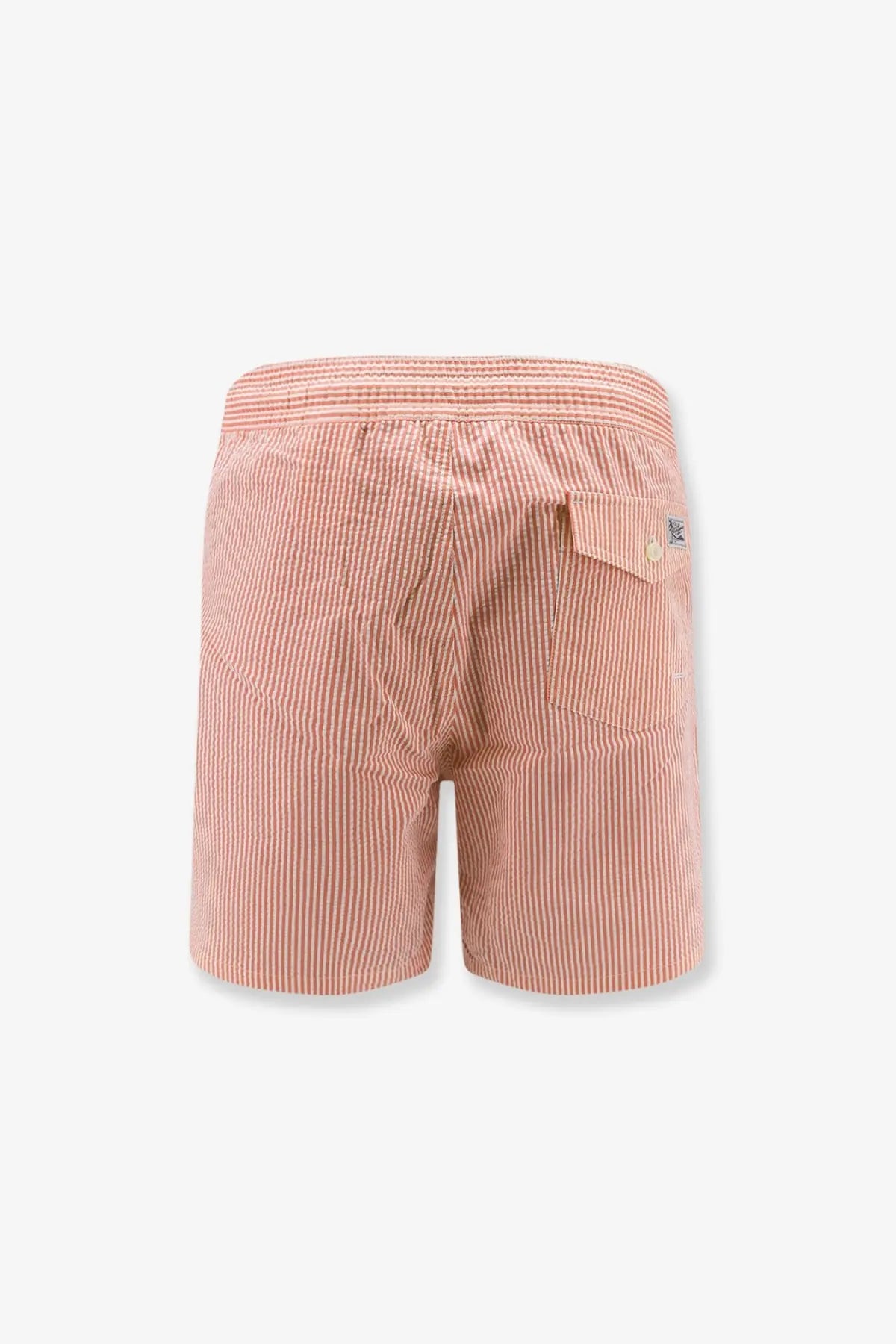 Polo Ralph Lauren men’s cotton blend swim boxer shorts in white with pink and white vertical stripes and woven elastic waistband