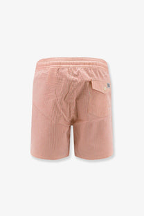 Polo Ralph Lauren men’s cotton blend swim boxer shorts in white with pink and white vertical stripes and woven elastic waistband