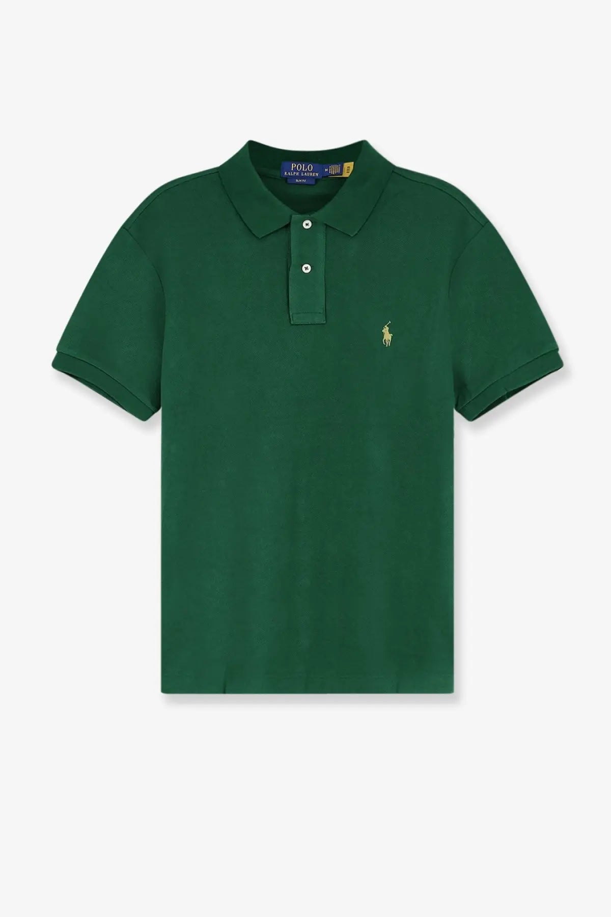 Dark green polo ralph lauren men’s cotton polo shirt with gold embroidered horse and rider logo and two-button placket