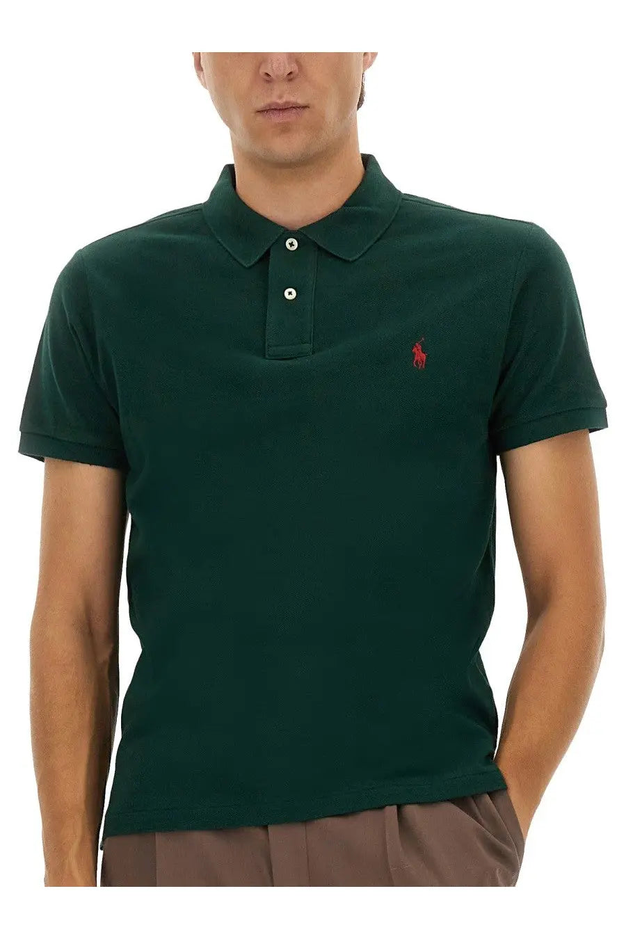 Dark green cotton polo shirt with red embroidered Ralph Lauren logo on left chest from Polo Ralph Lauren men’s collection