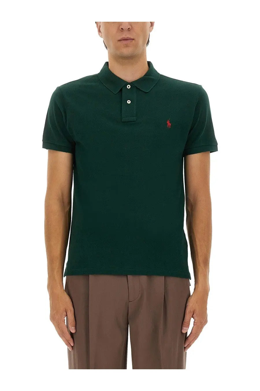 Dark green cotton polo shirt for men by polo ralph lauren with red embroidered horse logo on left chest
